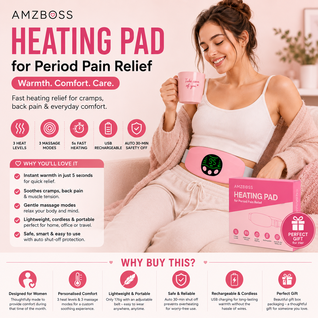 AMZBOSS Heating Pad for Period Pain Relief | Rechargeable Heat Pad UK