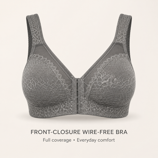 DotVol Women’s Front-Closure Wire-Free Full-Coverage Support Bra – Grey