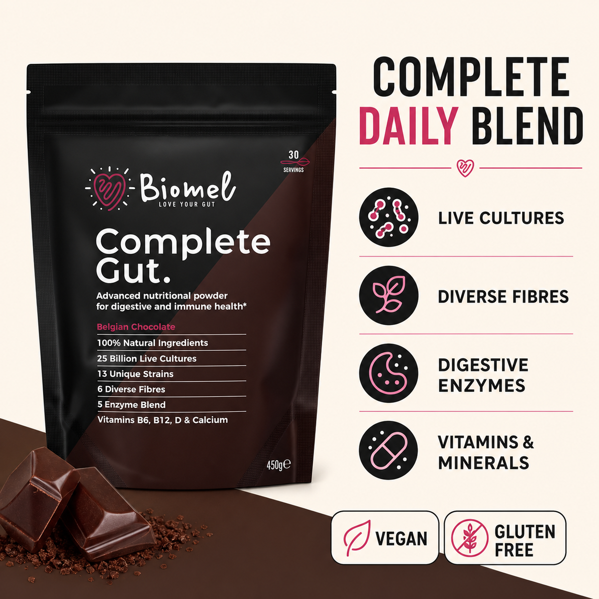 Biomel Complete Gut blend with live cultures, fibres, digestive enzymes, vitamins and minerals.