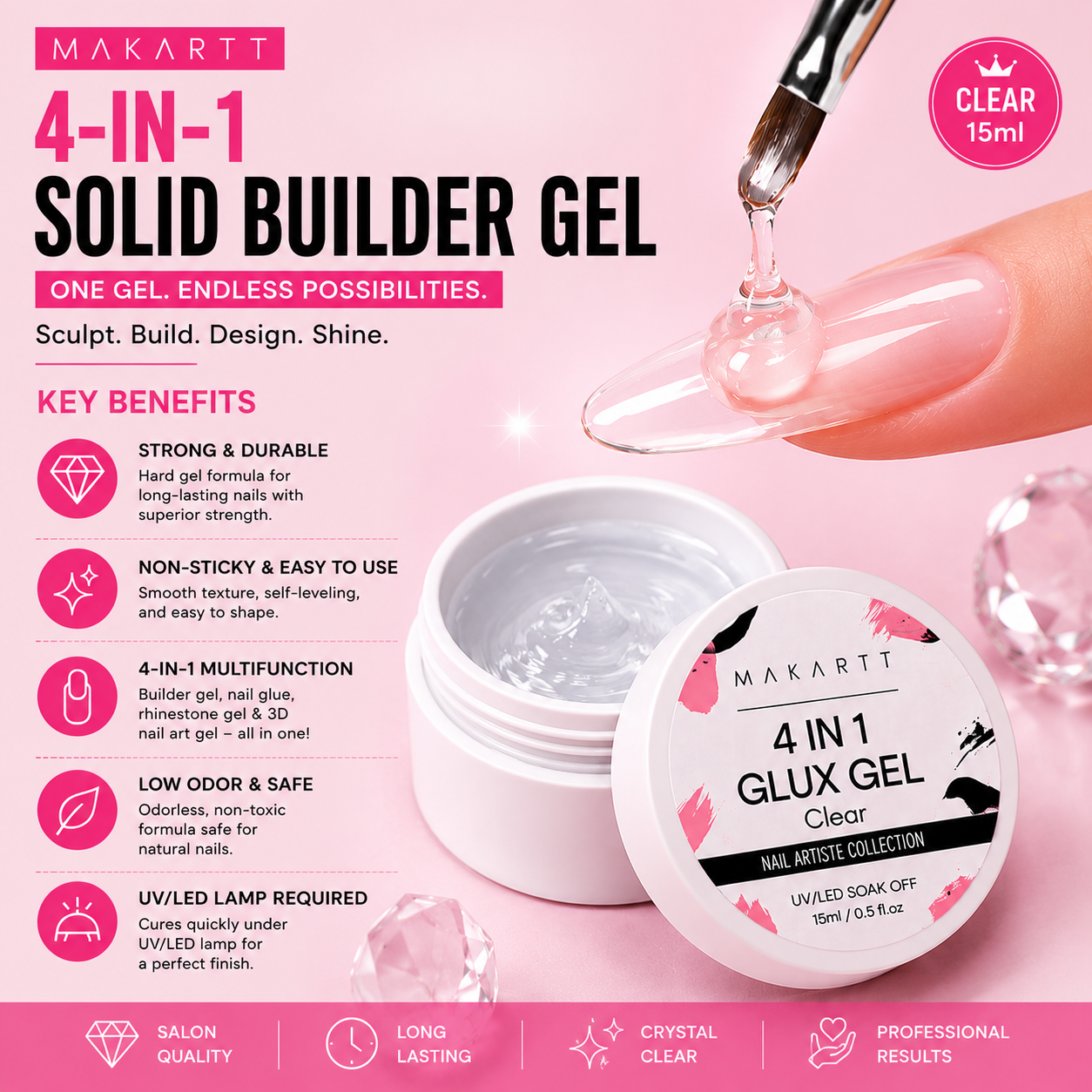 Makartt 4-in-1 Solid Builder Gel Clear 15ml | Builder Gel for Nail Extensions