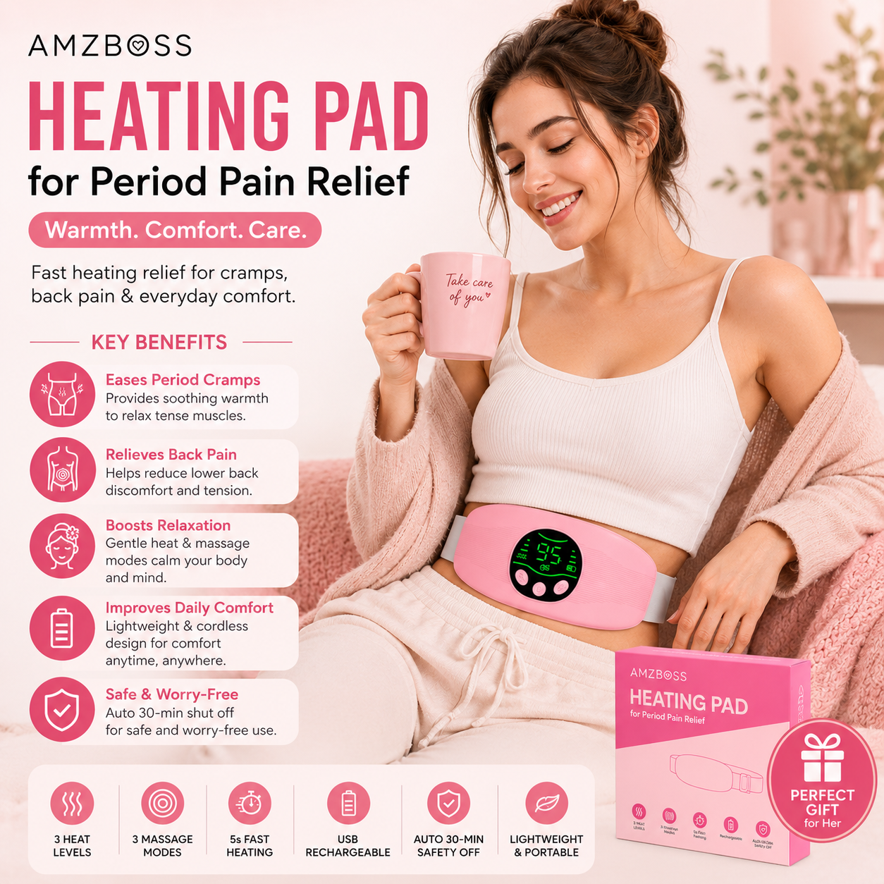 AMZBOSS Heating Pad for Period Pain Relief | Rechargeable Heat Pad UK