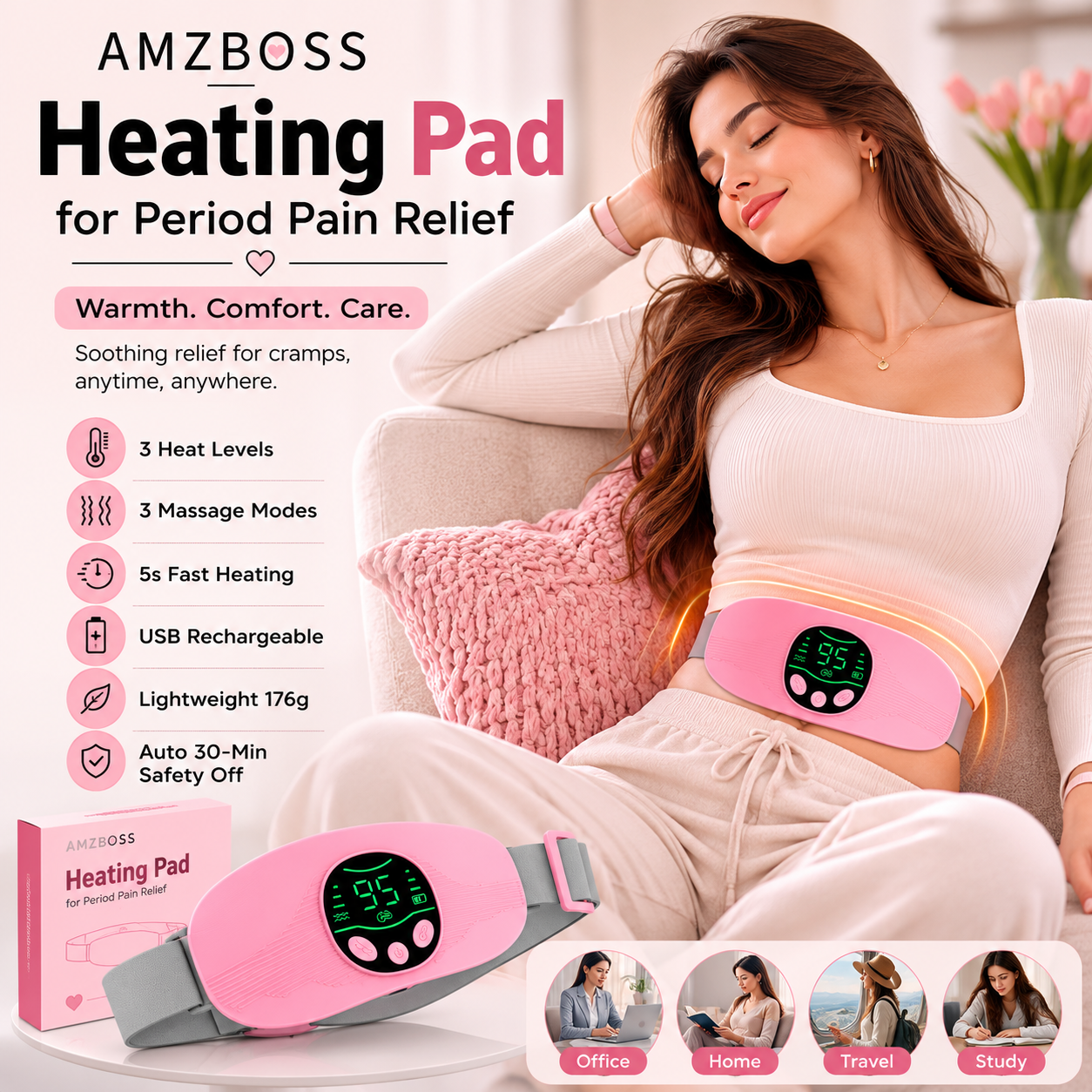AMZBOSS Heating Pad for Period Pain Relief | Rechargeable Heat Pad UK