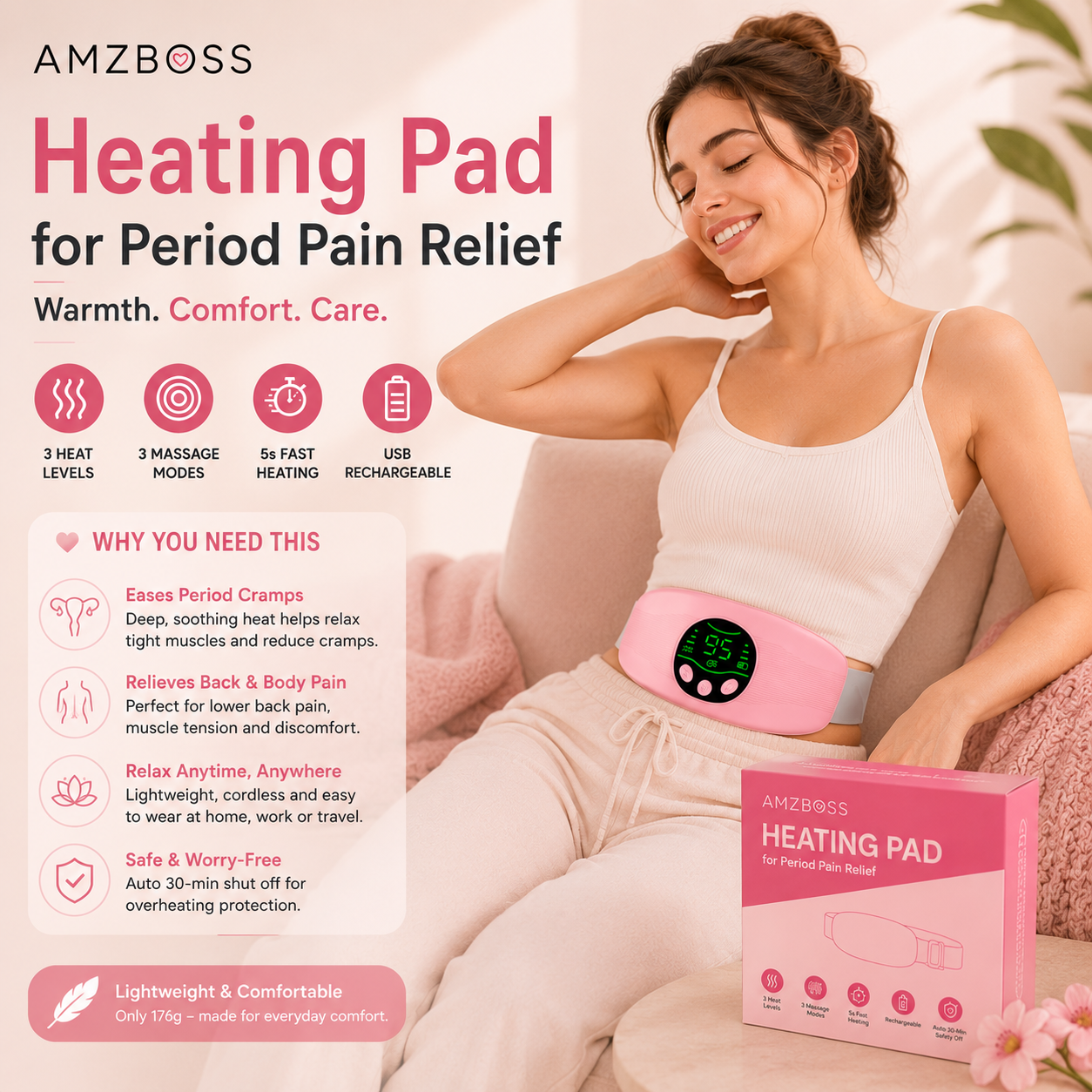 AMZBOSS Heating Pad for Period Pain Relief | Rechargeable Heat Pad UK