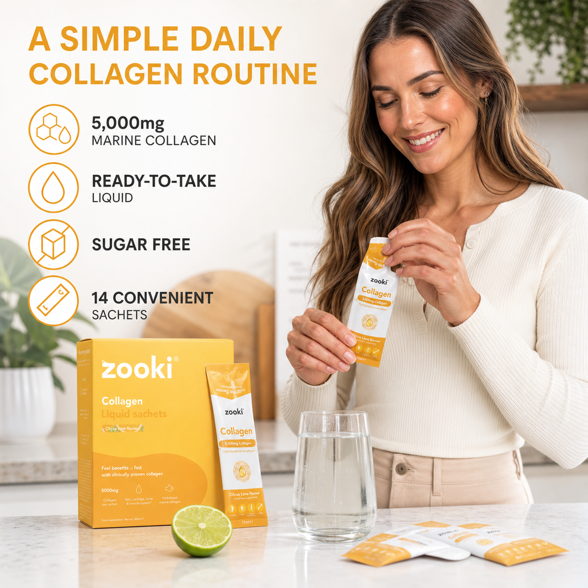 Zooki Marine Collagen 5,000mg Liquid Sachets – Citrus Lime, 14 Servings