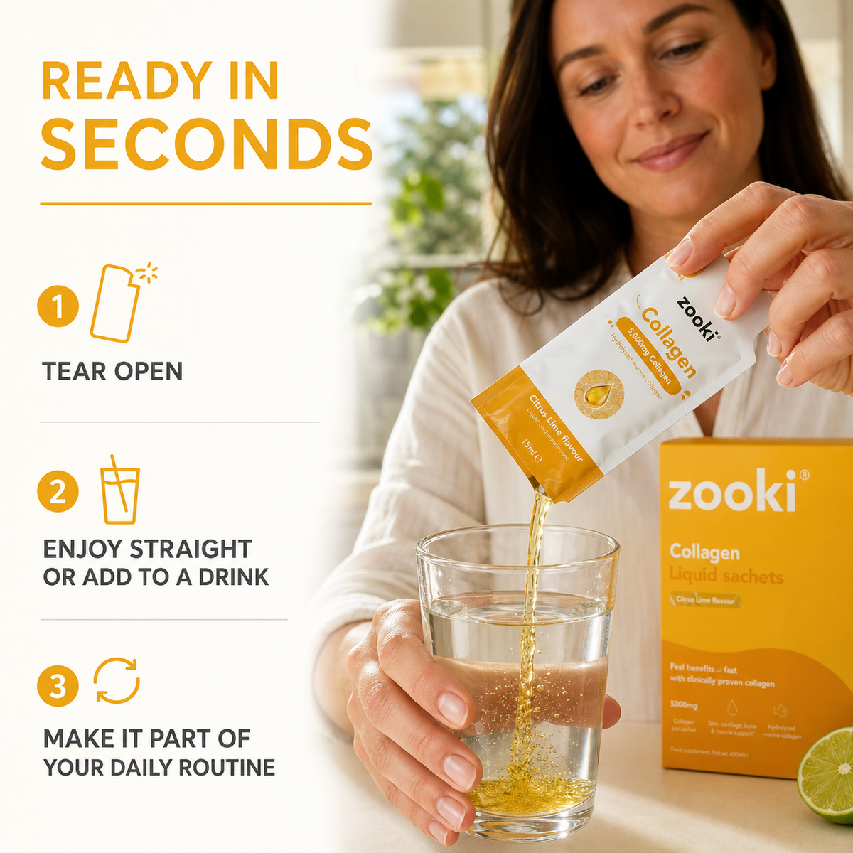 Zooki Marine Collagen 5,000mg Liquid Sachets – Citrus Lime, 14 Servings