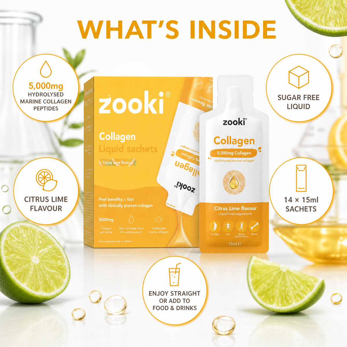 Zooki Marine Collagen 5,000mg Liquid Sachets – Citrus Lime, 14 Servings