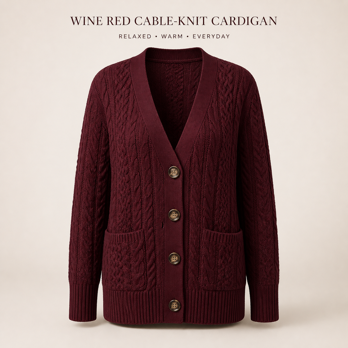 Women’s Wine Red Chunky Cable-Knit Cardigan with Pockets