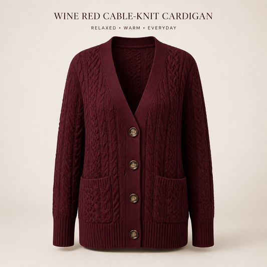 Women’s Wine Red Chunky Cable-Knit Cardigan with Pockets