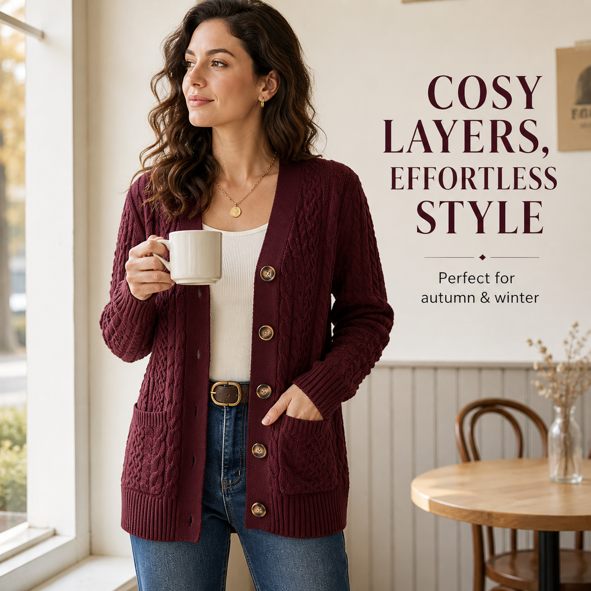 Women’s Wine Red Chunky Cable-Knit Cardigan with Pockets
