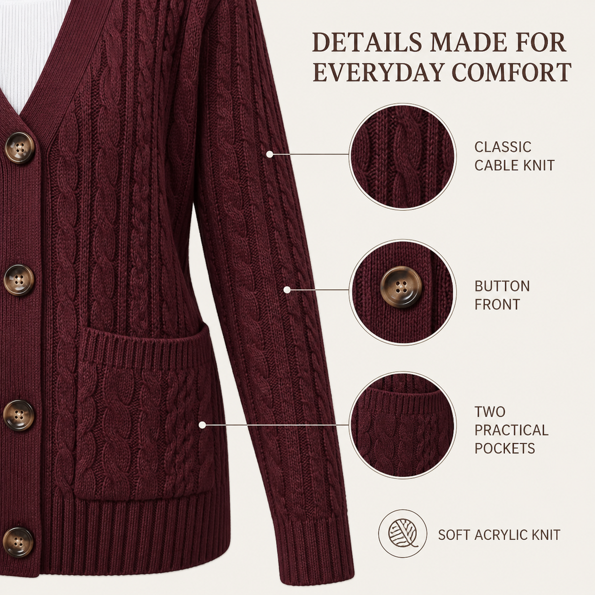 Women’s Wine Red Chunky Cable-Knit Cardigan with Pockets