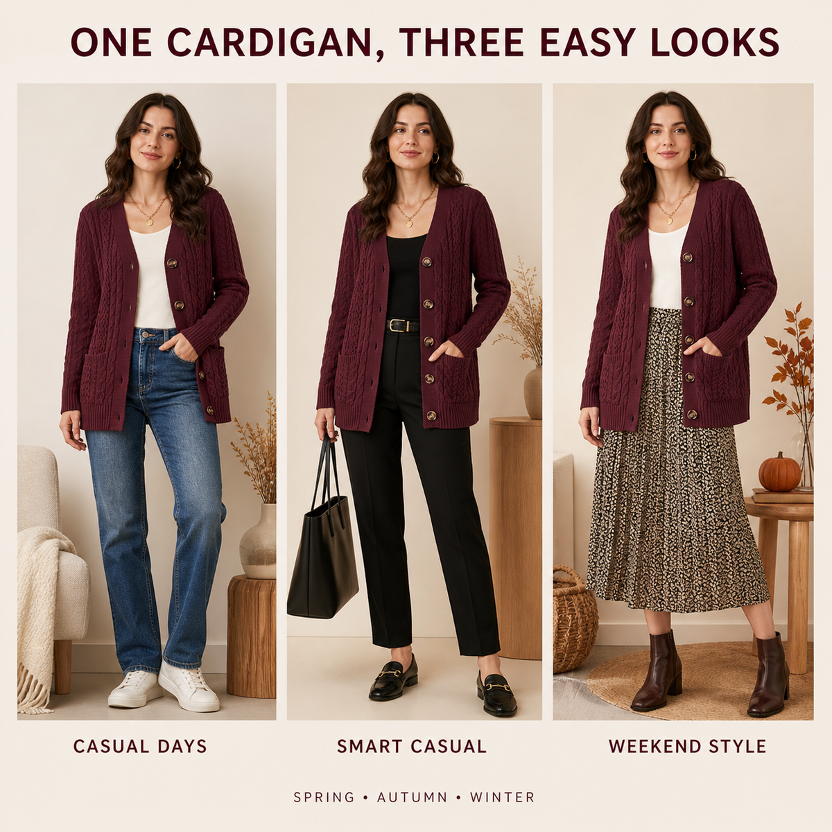 Women’s Wine Red Chunky Cable-Knit Cardigan with Pockets