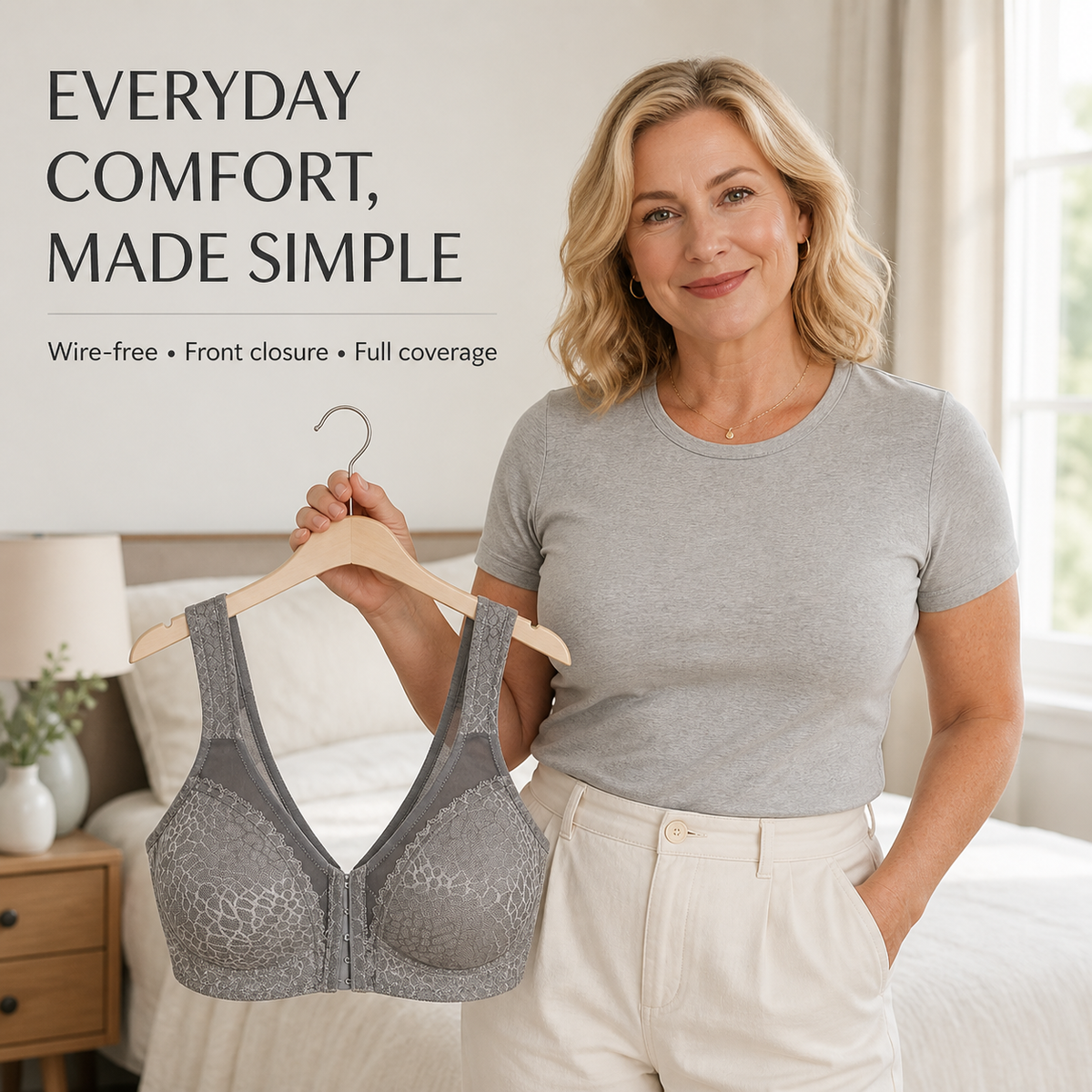 DotVol Women’s Front-Closure Wire-Free Full-Coverage Support Bra – Grey