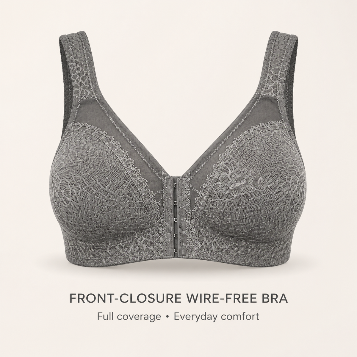 DotVol Women’s Front-Closure Wire-Free Full-Coverage Support Bra – Grey