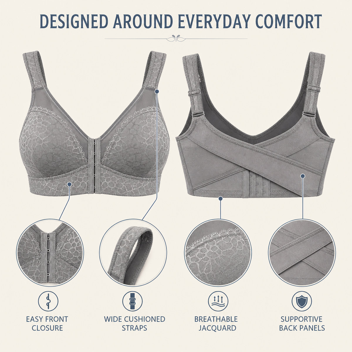 DotVol Women’s Front-Closure Wire-Free Full-Coverage Support Bra – Grey