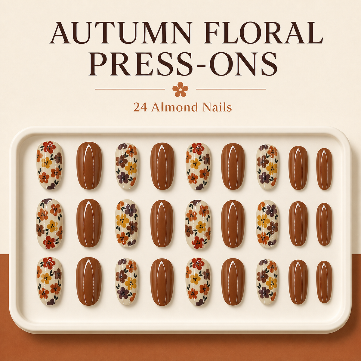 WEIXIWUYU Brown Floral Almond Press-On Nails – 24 Piece Autumn Set