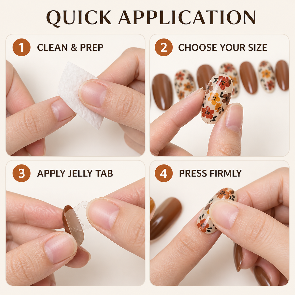 WEIXIWUYU Brown Floral Almond Press-On Nails – 24 Piece Autumn Set