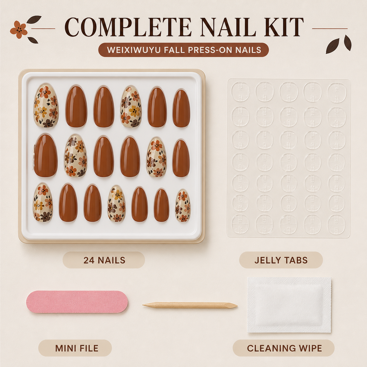 WEIXIWUYU Brown Floral Almond Press-On Nails – 24 Piece Autumn Set