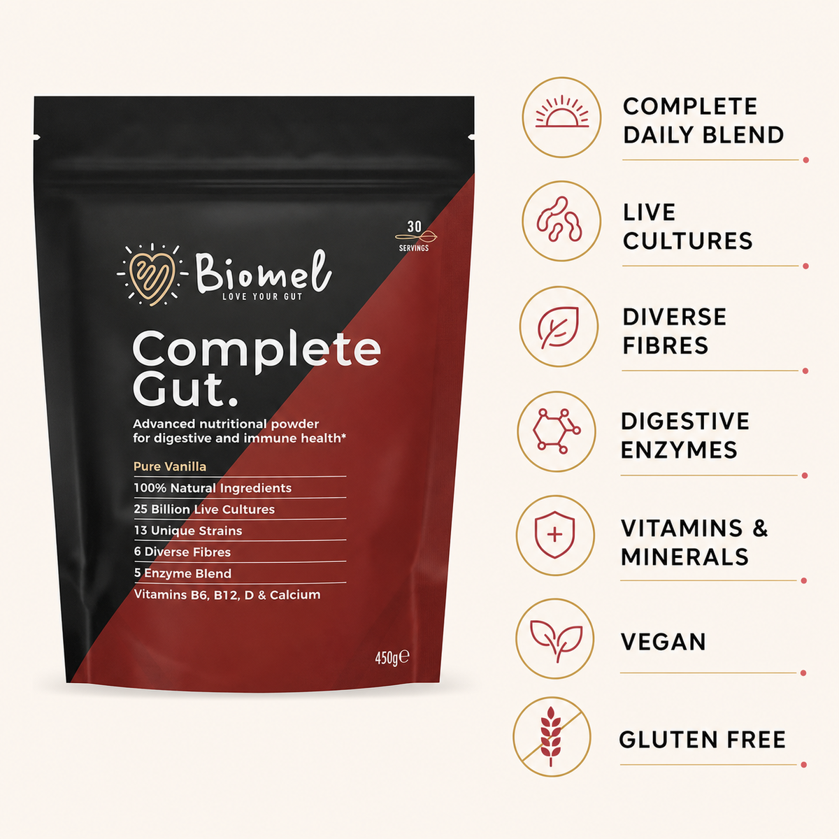 Biomel Complete Gut Pure Vanilla Powder – Vegan & Gluten Free, 450g