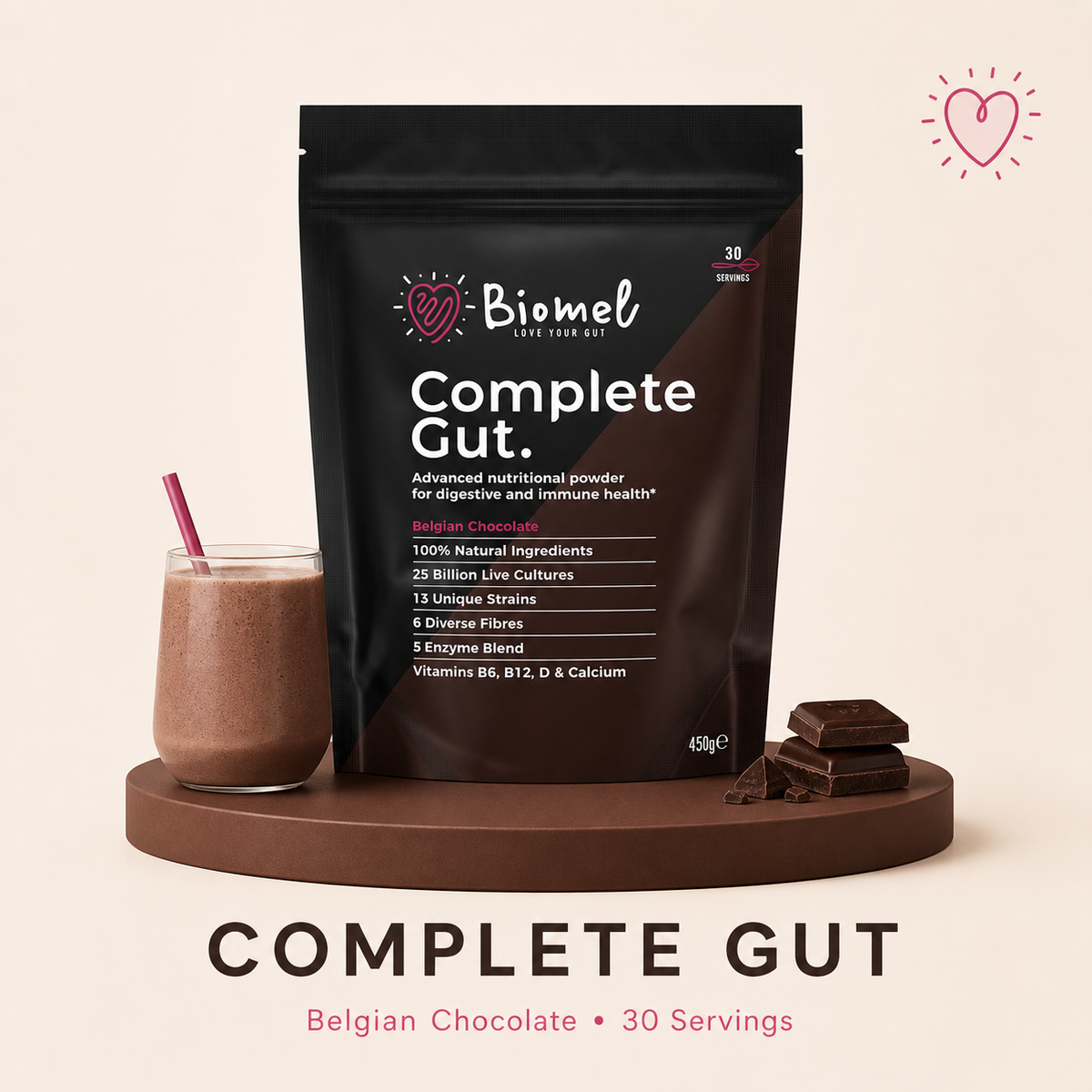 Biomel Complete Gut Belgian Chocolate 450g pouch with chocolate smoothie.