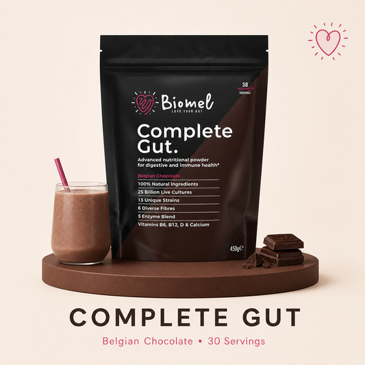 Biomel Complete Gut Belgian Chocolate 450g pouch with chocolate smoothie.